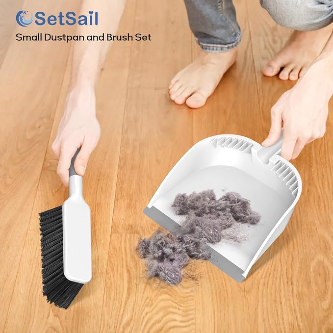 SetSail Small Dustpan and Brush Set with Teeth for Pet Hair Cleaning,White | Nesting Snap-On Handheld Broom and Dust Pan Portable Broom and Dustpan Set Suitable for Desktop,Sofa, Camping