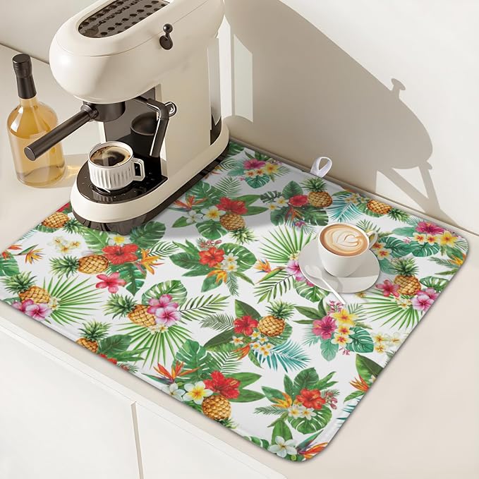 Summer Tropical Dish Drying Mat for Kitchen Counter Hawaii Palm Leaves Floral Pineapple Microfiber Dish Drainer Mat Rustic Absorbent Washable Drying Pad Extra Large 16"x18"