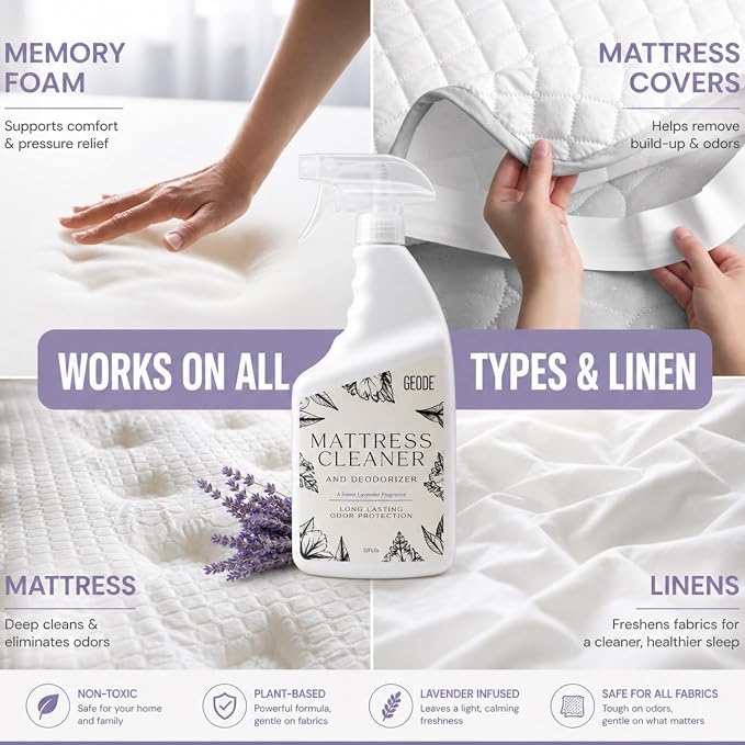 GEODE Mattress Cleaner & Deodorizer – Natural Enzyme Formula for Stain & Odor Removal, Sweet Lavender Aroma, Eco-Friendly & Non-Toxic, Safe for All Fabrics (32fl oz)