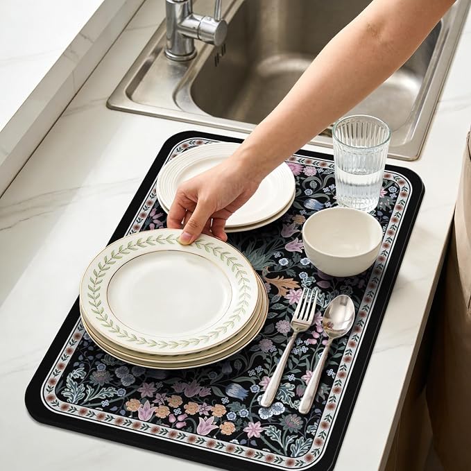 Vintage Floral Dish Drying Mat 16x18 Inch, Dish Mat Drying Kitchen Mats for Extra Large Absorbent Countertop, Aesthetic Boho Drying Matt Kitchen Counter Washable Heat Resistant Dish Drainer Rack Mat