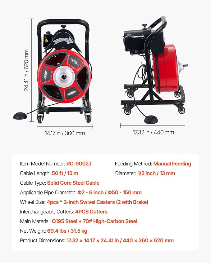 VEVOR Drain Cleaner Machine 50 FT x 1/2 Inch, Manual Feed Sewer Snake Auger on Wheels - with 4 Cutters & Air-activated Foot Switch for 2" to 6" Pipes