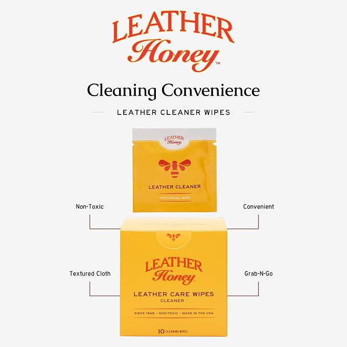 Leather Honey Cleaner Wipes – Clean Leather On-The-Go, 10 Wipes | Non-toxic, trusted since 1968 & made in the USA. Deep clean on the go. Any color leather – couches, car seats, shoes & bags.