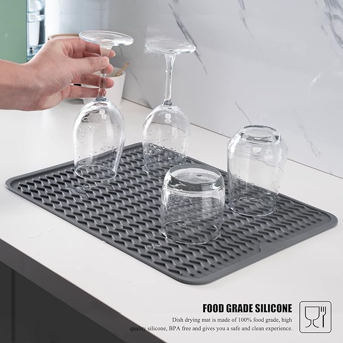 Large 14" x 11" Silicone Dish Drying Mat for Kitchen Counter, Easy clean, Quick Dry, Heat-resistant Dish Drainer Mat for Sink,Refrigerator or Drawer liner (Food Grade Silicone-White)