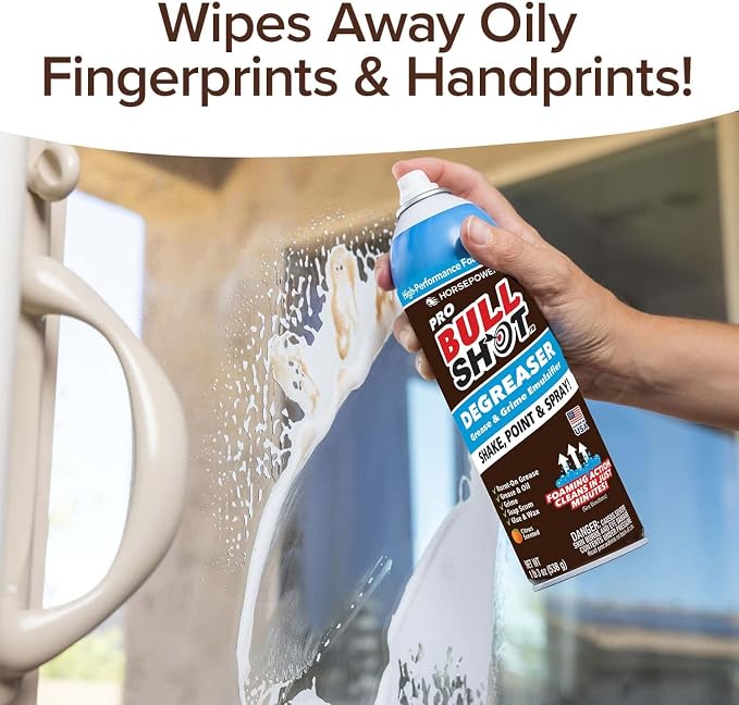 Bull Shot Degreaser Pro, Foaming Degreaser & Grime Remover, Heavy-Duty, AS SEEN ON TV, Residue-Free, Shake, Point & Spray, Emulsifies Grease, Oil Splatters, Glue, Tape Residue & More - Made in the USA