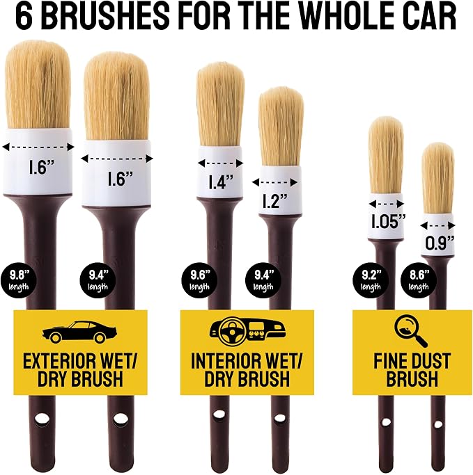 Car Detailing Brush Set 6-Pack, Interior and Exterior, Detail Dudes | Scratch-Free Boars Hair - Exterior & Interior Cleaning Brushes - Safe for Leather, Piano Black Trim, Dashboards & Wheels