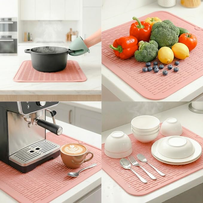 MicoYang Silicone Dish Drying Mat for Multiple Usage,Easy clean,Eco-friendly,Heat-resistant Silicone Mat for Kitchen Counter or Sink,Refrigerator or Drawer Liner Pink XL 18 inches x 16 inches