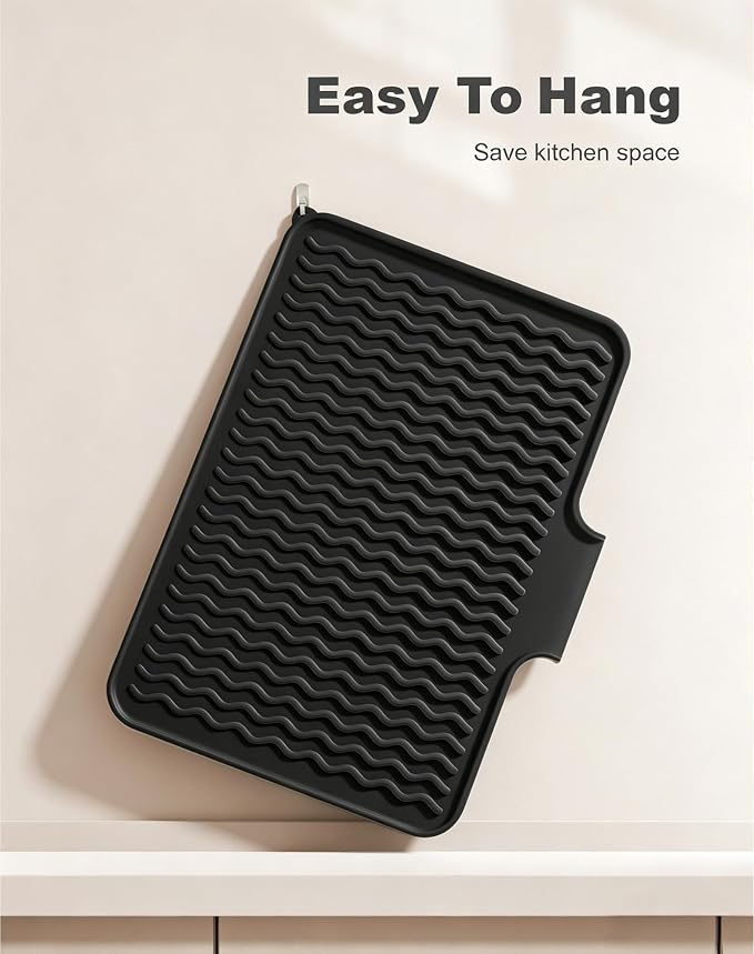 Rnivvi Silicone Dish Drying Mat for Kitchen Counter, 16 x 12" Drainer Pad with Drainage Spout, Heat Resistant Trivet Non-Slip Dish Rack Mats for Countertop Protection, Kitchen Bar Decor Pad, Black