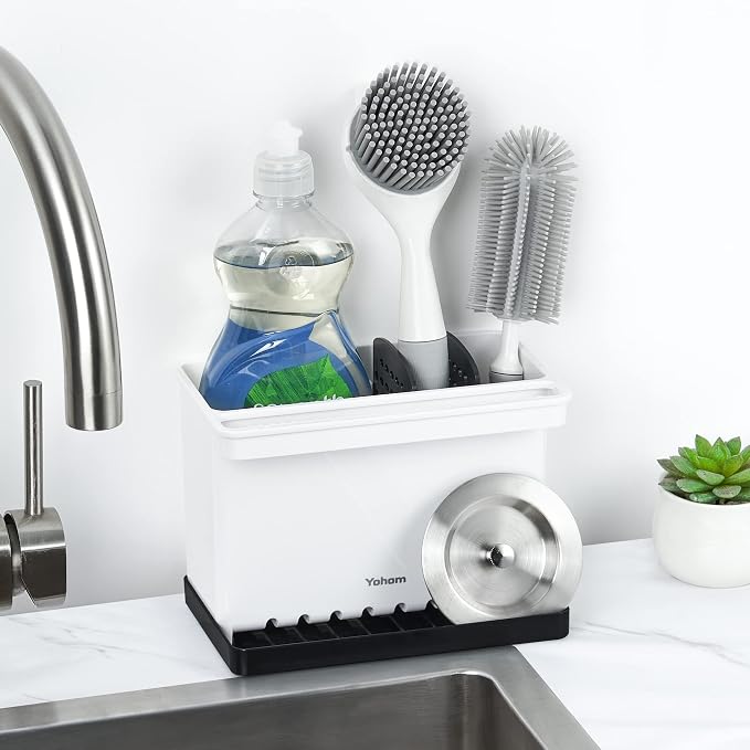YOHOM Kitchen Sponge Brush Holder for Sink Black Dish Sponge Caddy Countertop Organizer Plastic Scrub Brush Holder with Dividers
