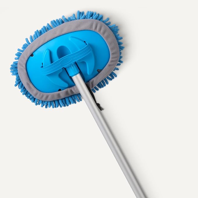 Amazon Basics Car Wash Brush with Long Handle, Scratch-Free Microfiber Mop Mitt, Swivel Head, Detachable Head, Extends to 62 inches with 4 Poles, for Car RV Truck, Blue