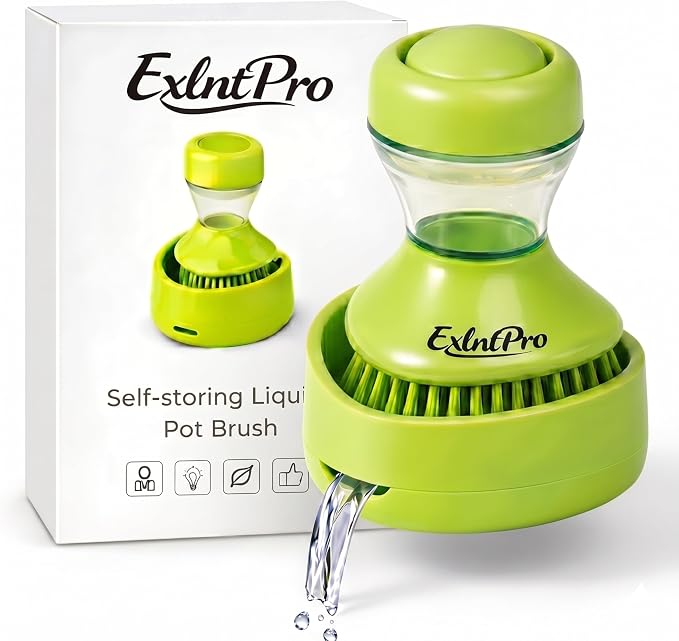 ExlntPro-Upgraded Dish Brush with Soap Dispenser, Kitchen Scrub Brush with Holder & Drain Tray, Refillable Soap Dispensing Dish Scrubber for Pots, Pans & Sink Cleaning