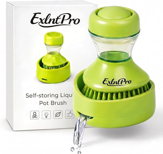 ExlntPro-Upgraded Dish Brush with Soap Dispenser, Kitchen Scrub Brush with Holder & Drain Tray, Refillable Soap Dispensing Dish Scrubber for Pots, Pans & Sink Cleaning
