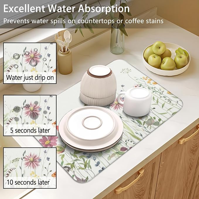 Dish Drying Mat 2-Pack with Floral for Kitchen Counter Absorbent Dishes | Diatom Mud Mats (18x24, 19.5x12"). Non-slip rubber back for kitchen counter, coffee bar & sink scenes