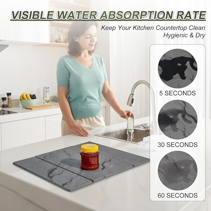Dish Drying Mat Large Stone Dish Drying Mat For Kitchen Counter Collapsible Quick-Drying Sleek Diatomaceous Versatile Stone Drying Mats For Cups Dishes Bottles Marble (gray, 16"×19")