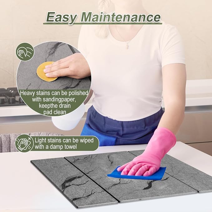 Dish Drying Mat Large Stone Dish Drying Mat For Kitchen Counter Collapsible Quick-Drying Sleek Diatomaceous Versatile Stone Drying Mats For Cups Dishes Bottles Marble (gray, 16"×19")