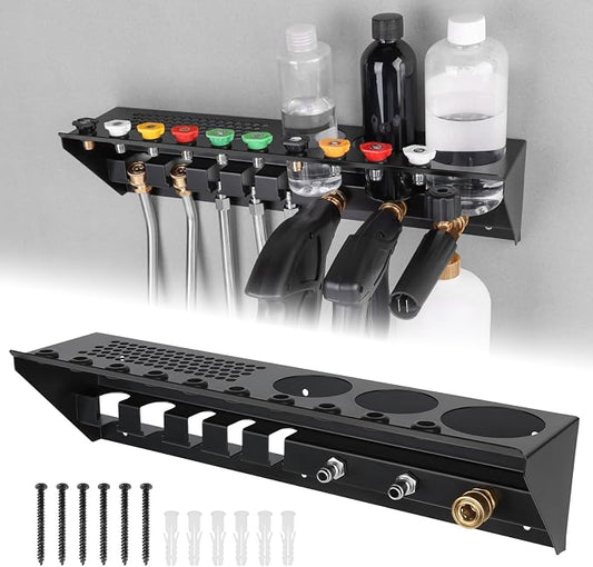 Pressure Washer Gun & Foam Cannon Holder with 1/4" Quick Connector | Wall Mount Organizer For Pressure Washer Tools, 10 Nozzle Slots, Secure Foam Cannon Storage, Rust-Resistant Metal Design
