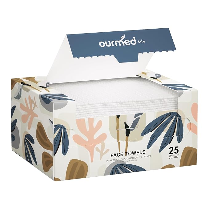 Ourmed Life Face Towels, Disposable Biodegradable Facial Towels for Sensitive Skin, Lint- free Face Wipes for Washing Face, Skincare and Makeup Remover, Dry Wipes, 10"×12" Extra Large, 25 Count