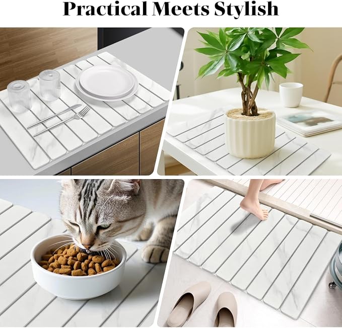 Large Stone Dish Drying Mat for Kitchen Counter, Fast Drying Collapsible Dish Drying Mat, Eco-Friendly Absorbent Diatomaceous Earth Mats for Dishes, Match Any Countertop(White Marble 24"×16" & 8"x4")