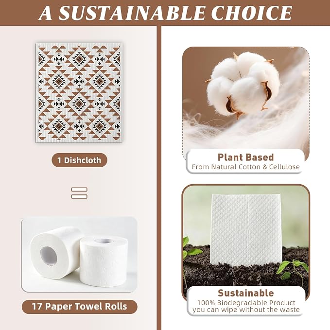 Swedish Dishcloths for Kitchen - 4 Pack Western Aztec Vintage Themed Reusable Paper Towels, Non-Scratch Cellulose Cloths, No Odor, Biodegradable Cleaning Cloths