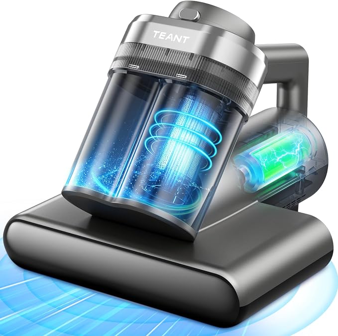 Teant Cordless Mattress Bed Vacuum, 18kPa Suction & LED Display, Model MV01 | Cordless 2-Speed Bed Vacuum, 33000RPM Roller Brush, 253.7nm UV-C, Ultrasonic, HEPA, 149°F Heat, Aroma, Anion for Bed Sofa