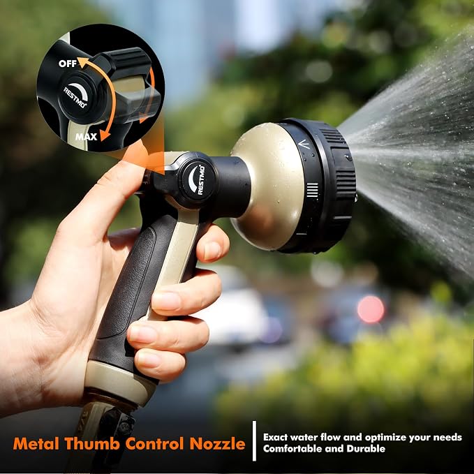RESTMO Garden Hose Nozzle Heavy Duty, Metal Sprayer Nozzle Thumb Control | 8 Spray Patterns Full Shower Water Hose nozzle for Garden Hose, Ideal for Lawn & Plant Watering, Car & Pet Washing, Bronze