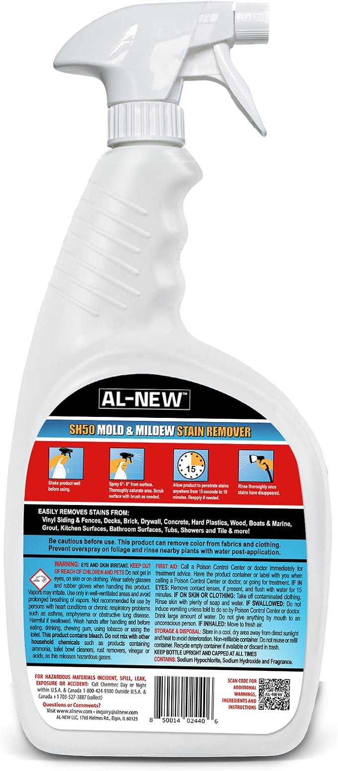 AL-NEW SH50 Mold and Mildew Stain Remover | Scrub Free Formula | Works Great on Decks, Vinyl Siding & Gutters, Tub and Tile (30oz Bottle)
