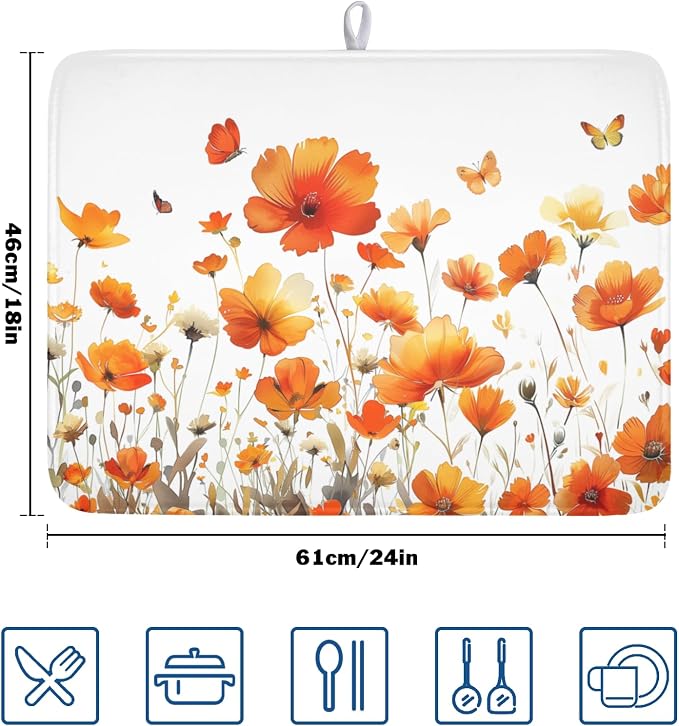 Fall Dish Drying Mat for Kitchen Counter 18 x 24 Inch Autumn Orange Floral Dish Drainer Mat Absorbent Microfiber Thanksgiving Harvest Dish Rack Pad for Coffee Dining Decor