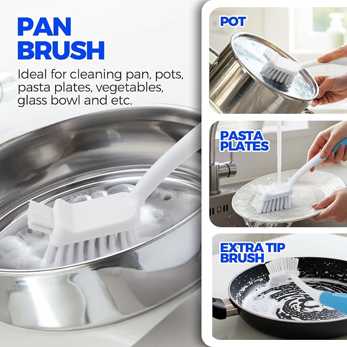 Holikme 6 Pack Dish Brush Set with Bottle Brush, Dish Scrub Brush, Pan Brush and 3 Straw Brushes, Deep Cleaning Handle Brush with Scraper Tip for Kitchen Sink Dishes Bottle Cup Pot and Pans (Azul)
