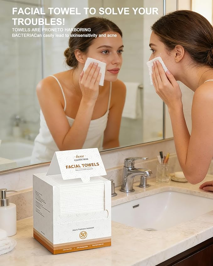 Disposable Face Towel,Biodegradable Facial Towels,Extra Thick Soft Large Clean Facial Towels Plant Fiber Facial Washcloth Dry Wipes for Sensitive Skin,Travel,Makeup Remover-50 Count | Thick Face Cloths for All Skin Types,Face Towels Disposable,Dry Wipe...