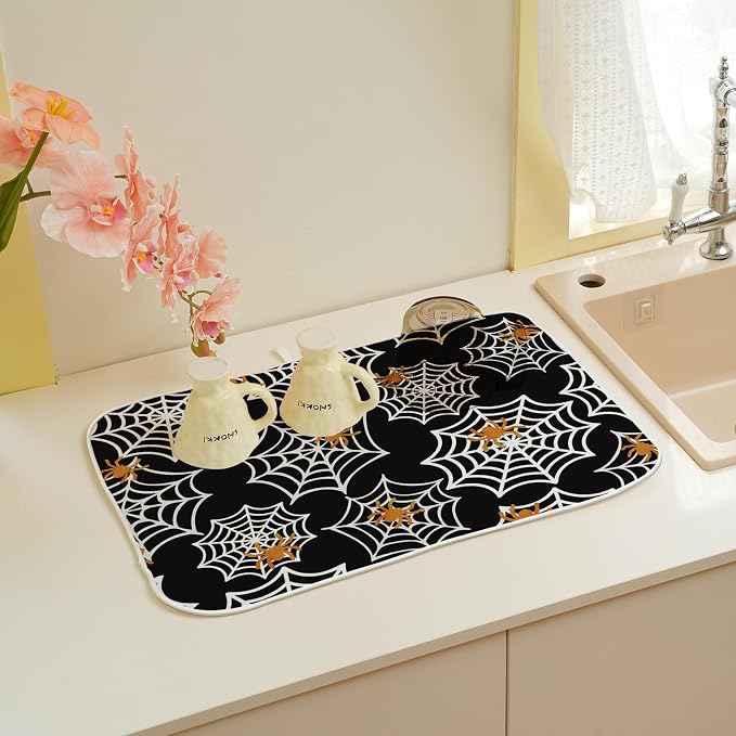 Halloween Dish Drying Mat 18x24 Inch Black Orange Golden Spider Webs Drying Mat Fall Autumn Holiday Absorbent Dish Drying Pad Dish Rack Drainer Mats for Kitchen Dining Counter