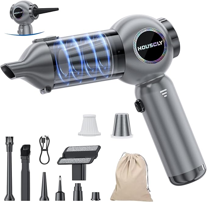 houscly Car Vacuum Cordless Mini Handhled 4-in-1 High Power Cleaner 25000Pa | Brushless motor-8000mAh-Rechargeable-Duster blower-Pet hair crumb cleaning for car sofa office desk- Ideal gifts for men