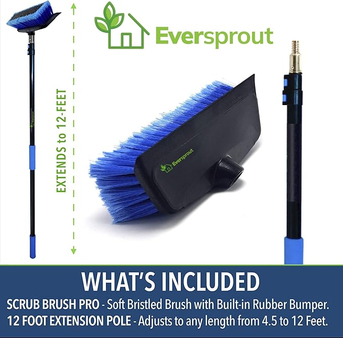 EVERSPROUT Car Brush with Rubber Bumper 5-to-12 Ft with Extension Pole | For Cars, Boats, SUVs, Trucks, Solar Panels, Reaches 20 Ft Standing, No-Scratch Rubber Bumper, Fits 3/4” Acme Threads
