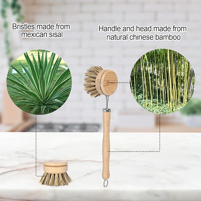 Bamboo Dish Scrubber with Handle - Hard Bristle Natural Bristle Brush Sustainable & Biodegradable Kitchen Scrub Brush for Dishes Pans and Pots
