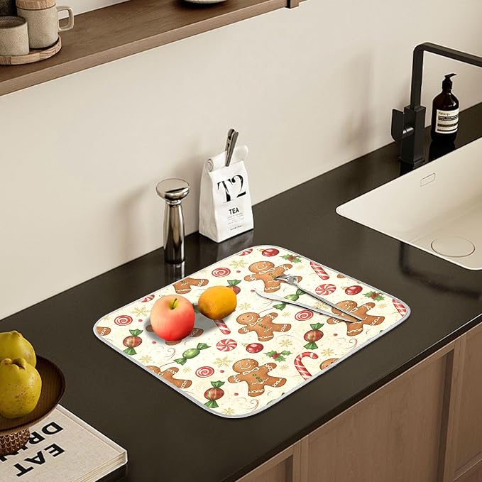 Christmas Gingerbread Cookie Man Sugar Dish Drying Mat for Kitchen Counter Absorbent Microfiber Small Drying Pad Dish Mats for Kitchen Countertops 16 x 18 Inch