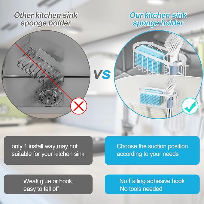 2-in-1 Sponge Holder for Kitchen Sink, Sink Caddy Kitchen Sink Organizer with 3 Suction Cups, No Drill Rustproof Sink Sponge Holder for Dish Brush, Soap & Sponge (White)