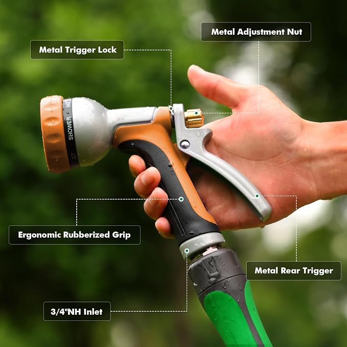 RESTMO Garden Hose Nozzle Heavy Duty, Rear Trigger Water Sprayer, Orange | 7 Adjustable Spray Patterns, Durable Metal, Flow Control, Ideal for Plants & Lawns Watering, Cars & Pets Washing