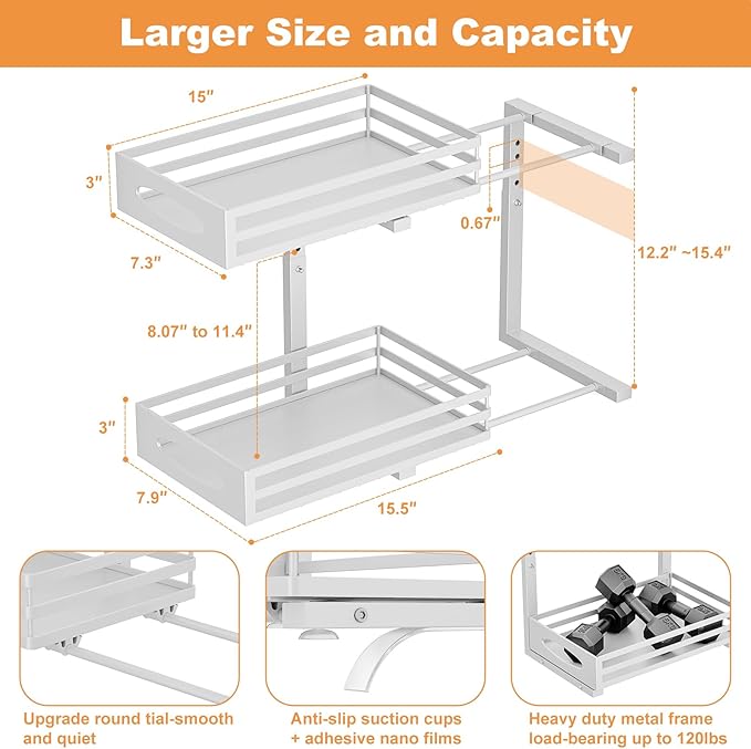 Under Sink Organizer, 2 Tier Under Sink Organizers and Storage, Adjustable Height, Slide out Metal Cabinet Organizers, Pull out Cabinet Storage Drawer Shelf for Kitchen Bathroom (White, 1 Pack)