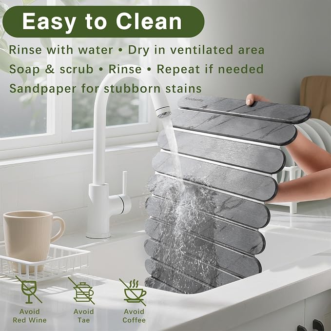 Stone Drying Mat for Kitchen Counter, 24"x16" Quick Dry Stone Dish Drying Mat, Foldable Absorbent Diatomaceous Earth Pad for Plates Cups Utensils (Dark Gray)