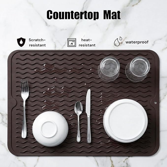 MicoYang Silicone Dish Drying Mat — Quick-Dry Ridges Counter & Sink Pad, Heat-Resistant Trivet to 450°F, Non-Slip & Dishwasher Safe, Roll-Up Storage, 18 Colors & 9 Sizes (Coffee, 16"×12")