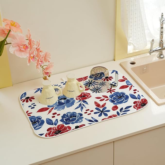 Red Blue Floral Dish Drying Mat 18x24 Inch Vintage 4th of July Drying Mat for Kitchen Counter Absorbent Patriotic Independence Day Memorial Day Flowers Dishes Dry Pad for Drainer Rack Kitchen Fast Dry