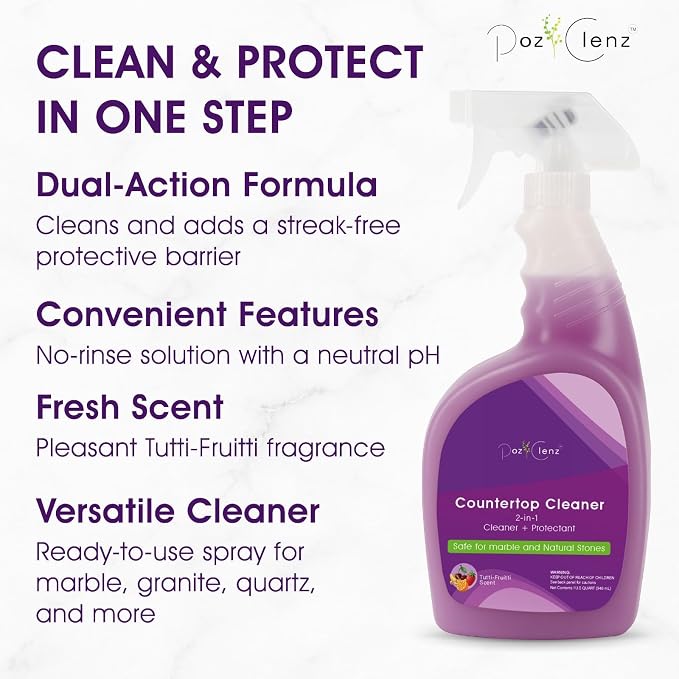 2-in-1 Countertop Cleaner + Protectant. Neutral pH Formula for Marble, Granite, Quartz & Engineered Stone. Safe Around Stainless Steel & All Water-Safe Surfaces.