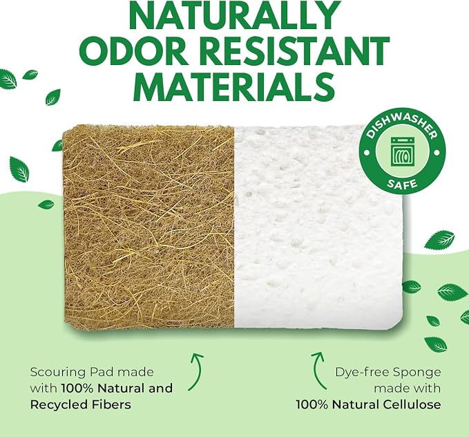 AIRNEX Biodegradable Natural Kitchen Sponges Pack of 6 - Cellulose and Coconut Walnut Scrubber Sponge - Eco Friendly Sponges for Dishes