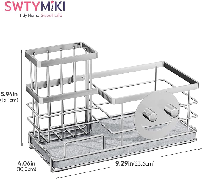 SWTYMIKI Kitchen Sink Caddy Organizer, Smiley Face Sponge Holder for Kitchen Sink, Instant Drying Sponge Holder with High Dish Brush Holder Organizer for Countertop, Silver
