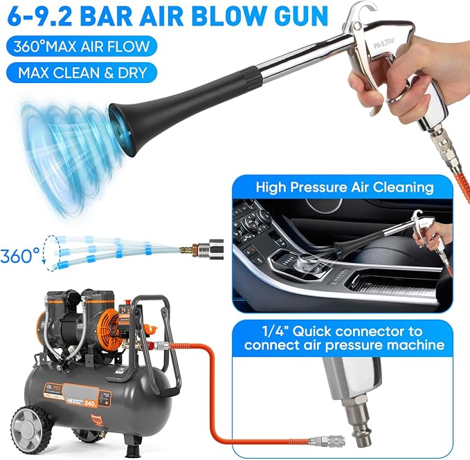 6-9.2Bar Car Air Blow Gun for Car Interior/Exterior Cleaning, Dryer Air Gun | High Pressure Car Detailing Cleaning Tool with 2 Set Nozzle&Towel, Auto Dusting Brush for Vehicle Upholstery Carpet Seat