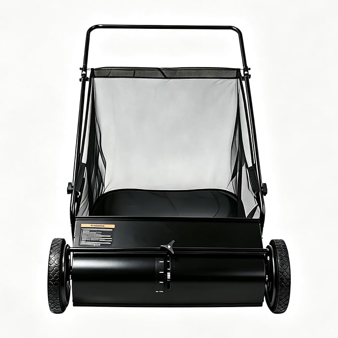 Push Lawn Sweeper, 26-Inch Width, 7 Cu. Ft. Hopper Capacity, 4 Spinning Brushes, Adjustable Height, Durable Steel Frame with Rubber Wheels, Ideal for Leaves and Grass