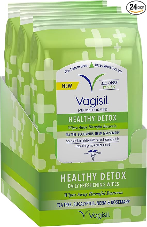 Vagisil Wipes for All Over Cleaning, Health Detox, Formulated with Essential Oils, 20 Wipes in a Re-Sealable Pouch (Pack of 24)