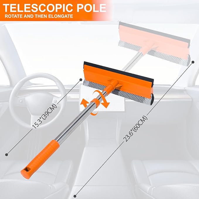 2 in 1 Car Windshield Squeegees with 15.3"-23.6" Retractable Stainless Steel Handle, Windshield Cleaner Tool for Cars, Trucks, Glass Doors, Shower Glass, Outdoor Windows, Orange