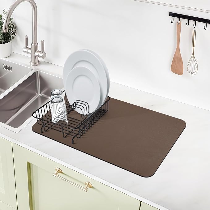 2PCS 12" x 19" Dish Drying Mat & 24" x 5.5" Faucet Mat for Kitchen Sink, Super Absorbent Kitchen Counter Mats & Sink Splash Guard, Easy to Clean Dish Rack Pad for Dishes Countertop, Brown