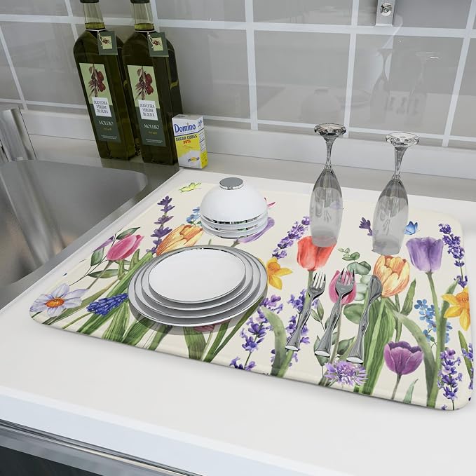 Spring Summer Floral Dish Drying Mat for Kitchen Counter 18x24 Inch Spring Flowers Dish Drainer Rack Mats Absorbent Kitchen Drying Mat Botanical Floral Drainer Rack Mats for Kitchen Countertop Decor