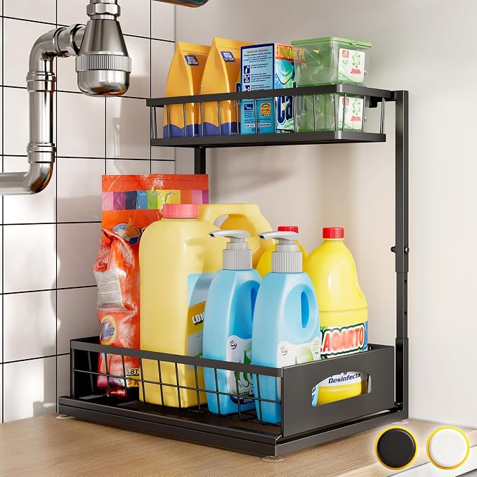 Under Sink Organizer, Cabinet Organizer for Kitchen, Height Adjustable Pull Out Heavy Duty 2 Tier Metal Under Sink Storage for Bathroom Pantry (Black, 1 Pack)