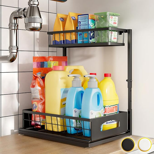 Under Sink Organizer, Cabinet Organizer for Kitchen, Height Adjustable Pull Out Heavy Duty 2 Tier Metal Under Sink Storage for Bathroom Pantry (Black, 1 Pack)